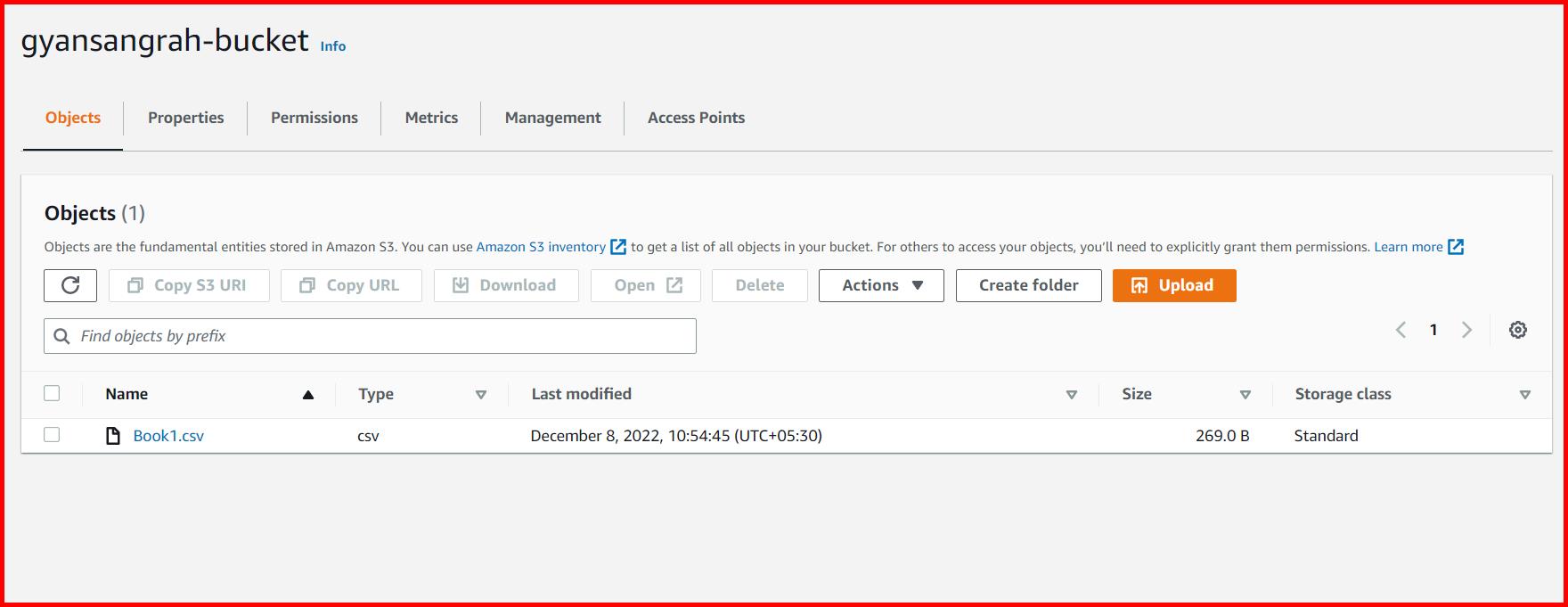 Picture showing the CSV file uploaded in S3 bucket